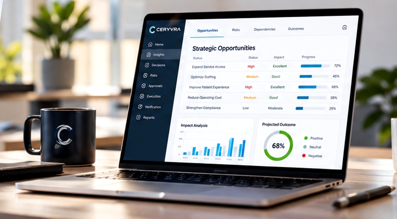Ceryvra organizational intelligence dashboard on a laptop in a modern office; no people pictured
